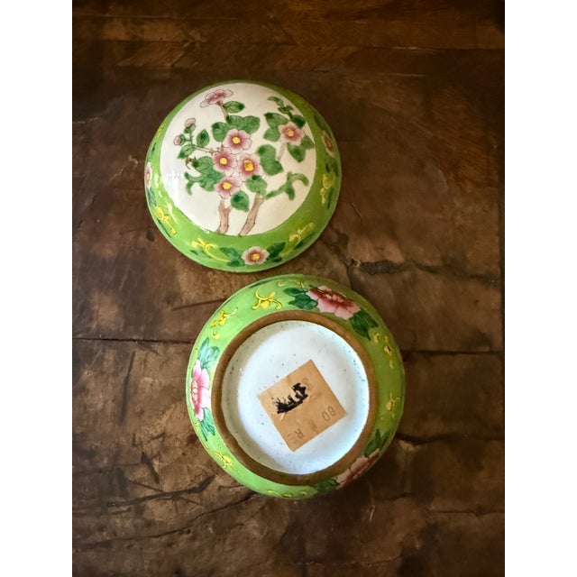 Vintage Apple Green Canton Enamel Floral Trinket Box For Sale - Image 4 of 7