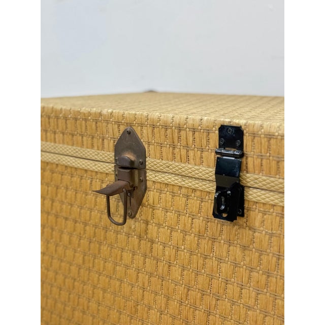 Wood Vintage Blonde Woven Wicker Chest, Brass Clamp Hardware Storage, Coastal Trunk For Sale - Image 7 of 14