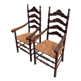 Pair of 1960s American Colonial Revival Ladder-Back Armchairs For Sale