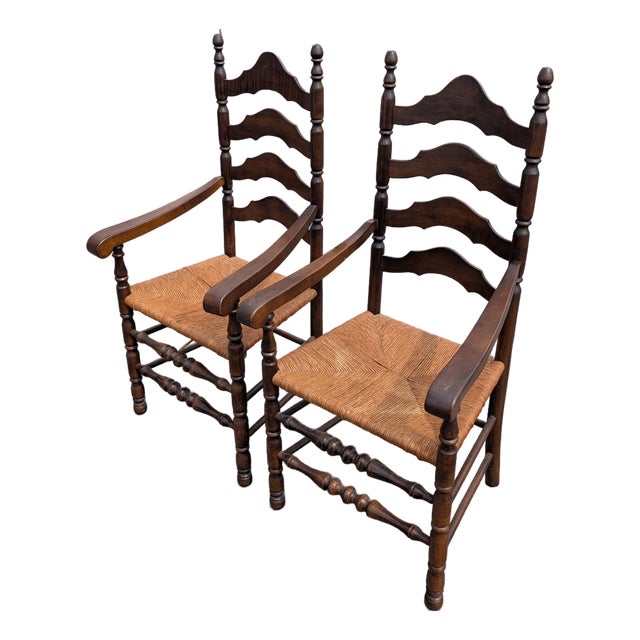 Pair of 1960s American Colonial Revival Ladder-Back Armchairs For Sale