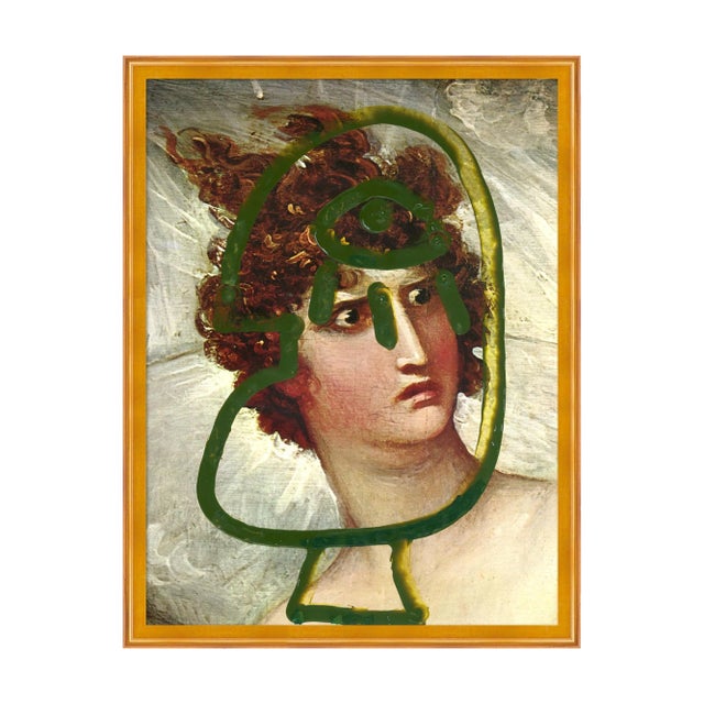 Green Face 1 Print by Virginia Chamlee in Gold Frame, XS For Sale