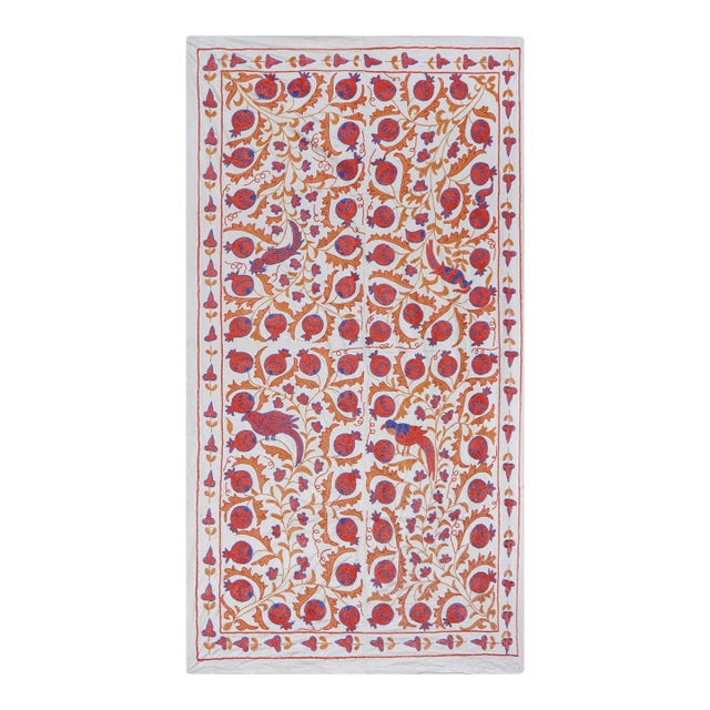 Ivory Uzbek Suzani Wall Hanging – Pomegranate Floral Embroidery Textile Art 3'3'' X 5'8'' For Sale