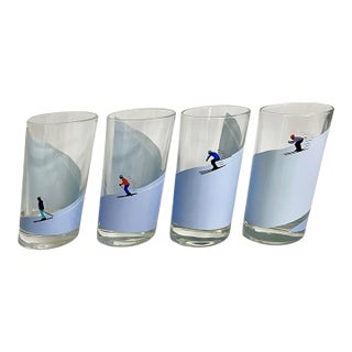 Vintage Italian Alpine Skier Highball Cocktail Glasses – Set of 4 Mid-Century Winter Sports Tumblers For Sale