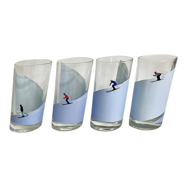 Vintage Italian Alpine Skier Highball Cocktail Glasses – Set of 4 Mid-Century Winter Sports Tumblers For Sale