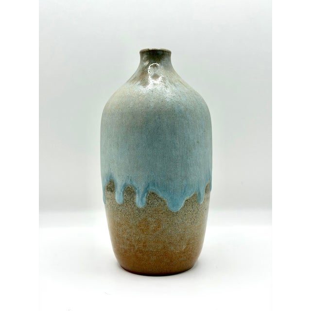Vintage Artist Signed Studio Pottery Bud Vase, Blue Drip Glaze Ceramic Vase For Sale - Image 4 of 5