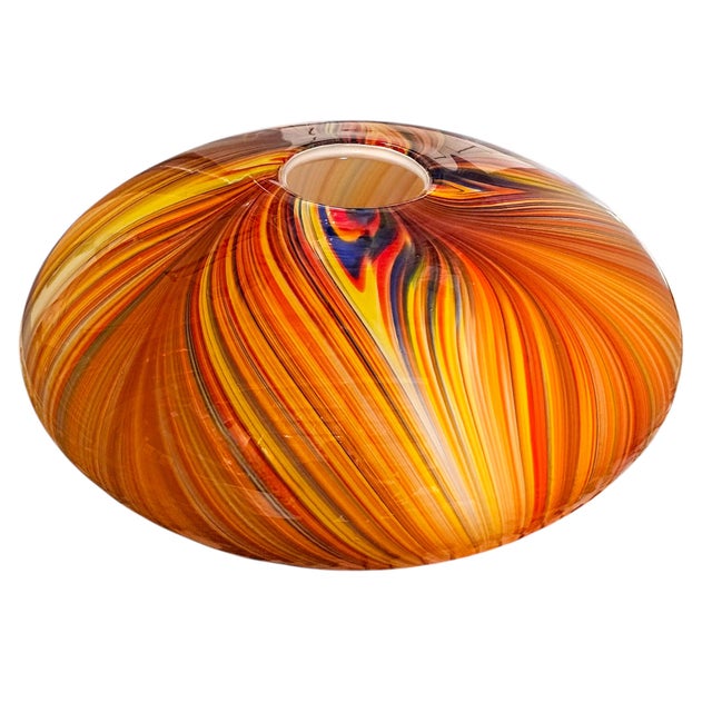 Contemporary Italian Cased Swirl Art Glass Bowl Vase Orange Yellow 11" Hand Blown For Sale - Image 3 of 10