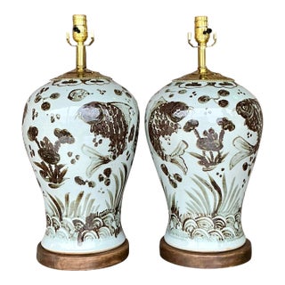 Regency Rusty Brown Glazed Ceramic Lamps - a Pair For Sale