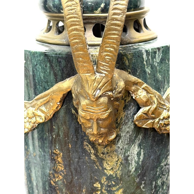 Pair of Green Marble and Ormolu Urns or Cassolettes With Satyr Heads in Louis XVI Style For Sale - Image 11 of 15