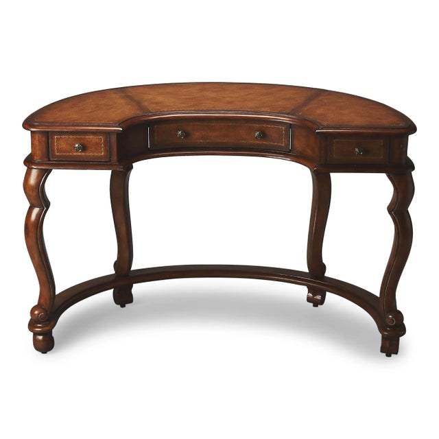 Wood Brava Faux Leather Demilune Desk, Medium Brown For Sale - Image 7 of 7