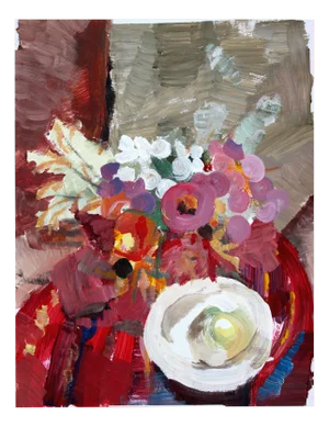 Victor Karnauh, Still Life with Flowers and Apple, Oil on Paper, 1990s