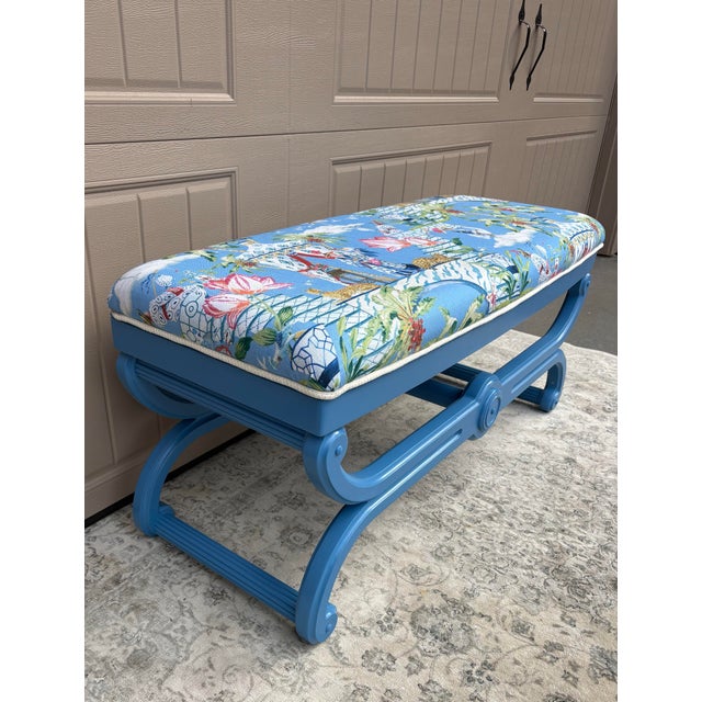 Blue Vintage Hand Painted Chinoiserie Bench For Sale - Image 8 of 14