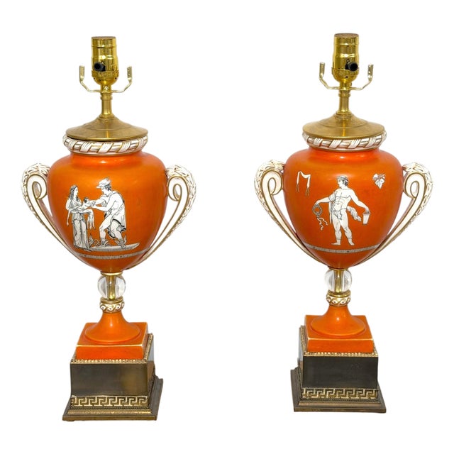 Late 18th Century Pair English Neoclassical Orange Ground Ashworth Ironstone Urns, as Lamps For Sale