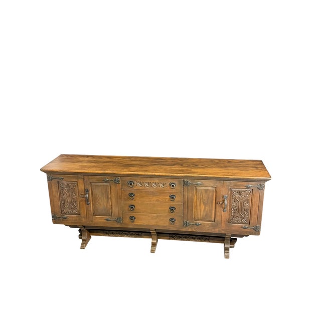 1950s Vintage Rustic Brown Oak Credenza, 1950 For Sale - Image 5 of 11