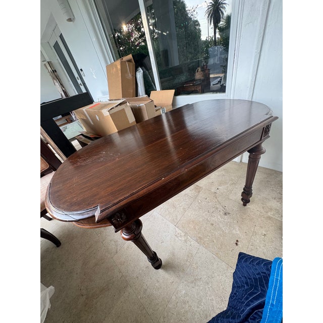 Wood Antique French Louis XVI Napoleon III Writing Table Desk ~1880 Herringbone Veneer Carved Rosettes Oval For Sale - Image 7 of 9