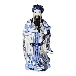 Late 20th Century Chinoiserie Fu Lu Shou Ceramic Chinese God of Prosperity Figurine in Blue and White