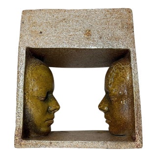 1980s Modern Earthenware Pottery Figural Face to Face Sculpture Statue Brick Planter For Sale