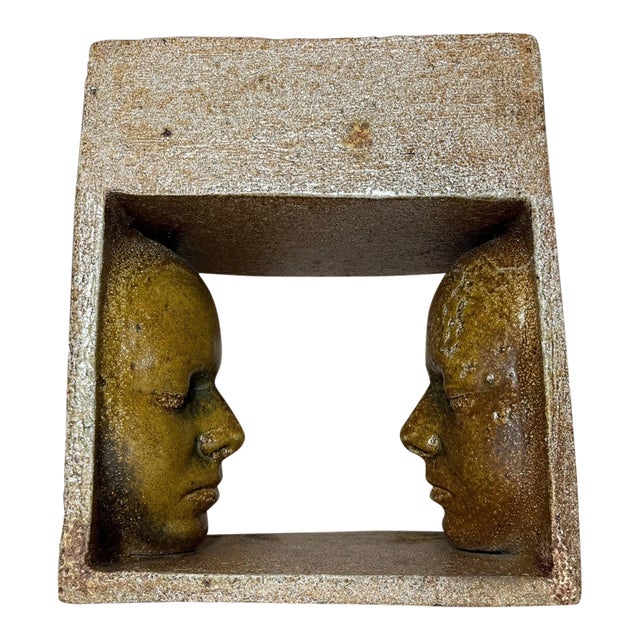 1980s Modern Earthenware Pottery Figural Face to Face Sculpture Statue Brick Planter For Sale