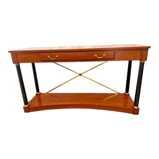 Vintage Ethan Allen Sofa Console Table, Regency Neo Classical, Cherry, Brass X Stretcher For Sale