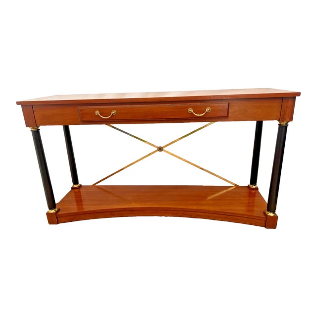 Vintage Ethan Allen Sofa Console Table, Regency Neo Classical, Cherry, Brass X Stretcher For Sale