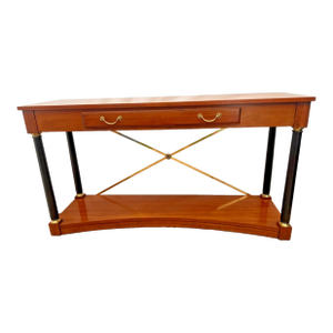 Vintage Ethan Allen Sofa Console Table, Regency Neo Classical, Cherry, Brass X Stretcher