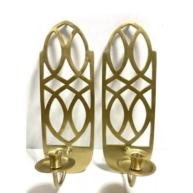 Vintage Hollywood Regency Brass Geometric Wall Sconces – Pierced Brass Candle Holders (Pair) For Sale - Image 9 of 9