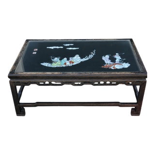 Mid-Century Chinese Black Lacquer Coffee Table With Hand-Painted Kutani Porcelain Immortals Relief For Sale