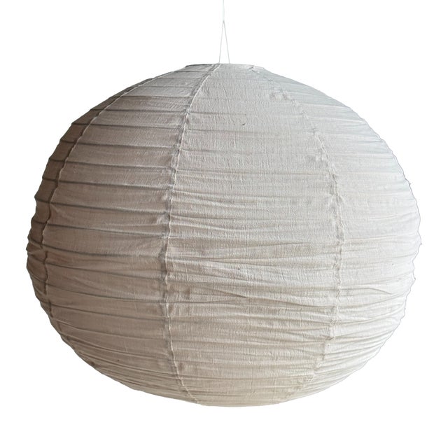 Very Large Round Pinkish Rattan and Natural Linen Pendant Light For Sale