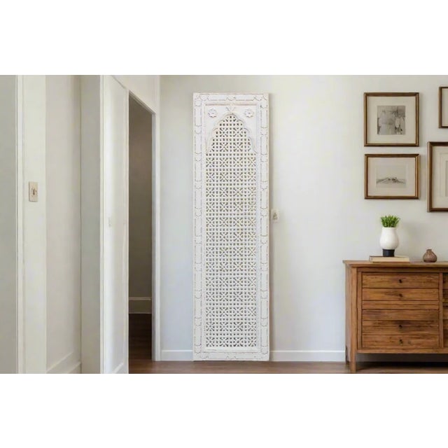 Hand carved and pierced rectangular jail screen with an intricate lattice framing. The design of lattice features a series...