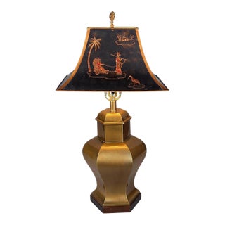 Vintage Frederick Cooper Hexagonal Brass Urn Lamp With Relief Chinoiserie Tole Shade For Sale