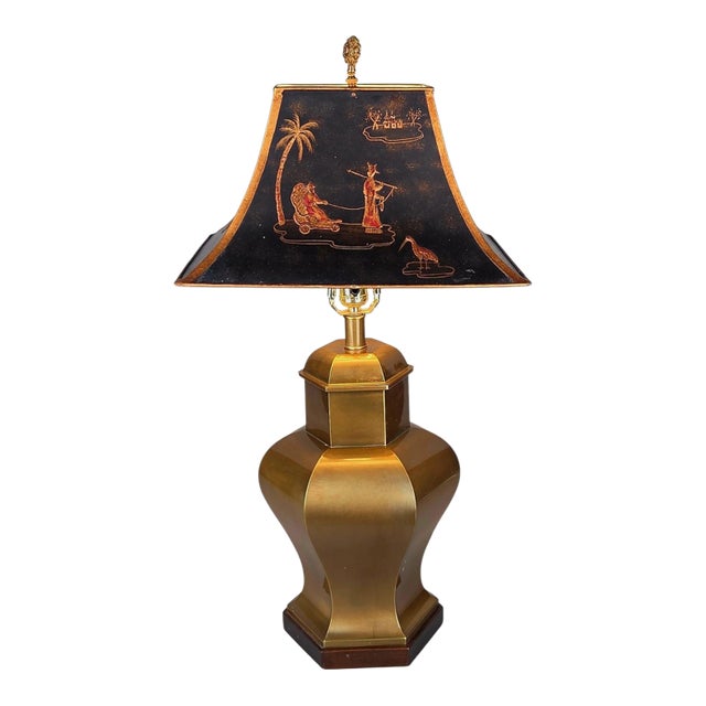 Vintage Frederick Cooper Hexagonal Brass Urn Lamp With Relief Chinoiserie Tole Shade For Sale