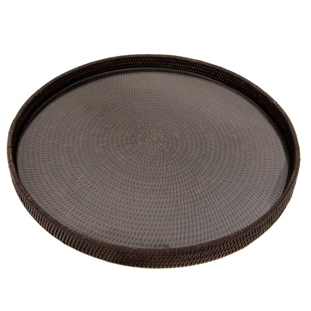Boho Chic Artifacts Rattan Round Serving/Ottoman Tray with Glass Insert in Tudor Black -16" For Sale - Image 3 of 3