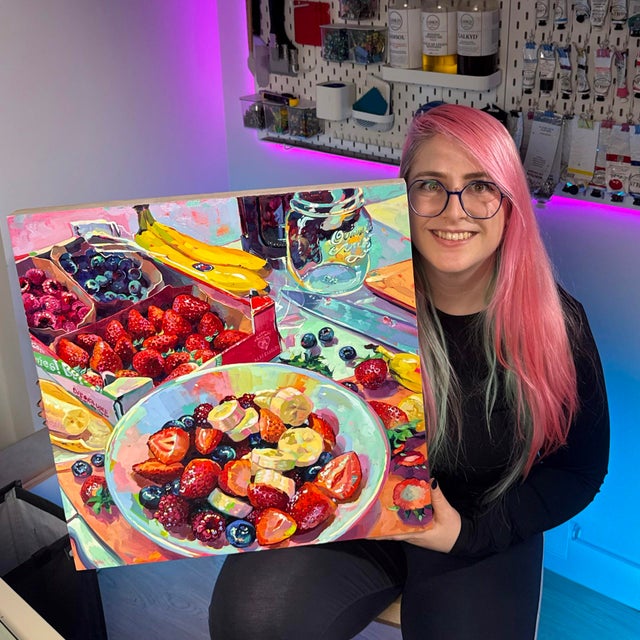 This oil painting presents a vibrant still life composition featuring an abundance of fresh fruits, including...