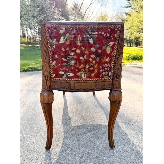 Brick Red Antique Karpen French Style Needlepoint Bench, Carved Wood, Floral Tapestry For Sale - Image 8 of 12