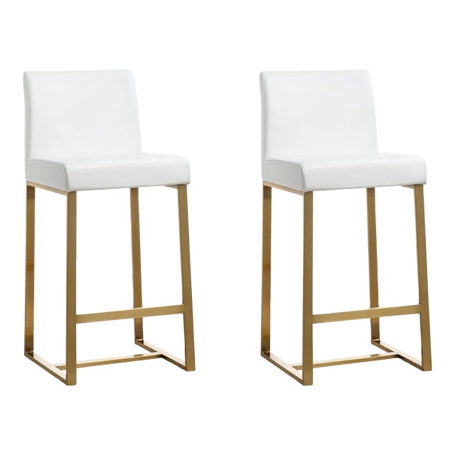Denmark White Vegan Leather & Gold Steel Counter Stools - Set of 2 For Sale