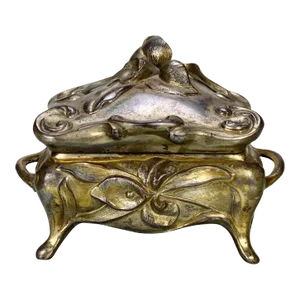 Vintage Art Nouveau Gold Gilded Cast Metal Trinket Dresser Box