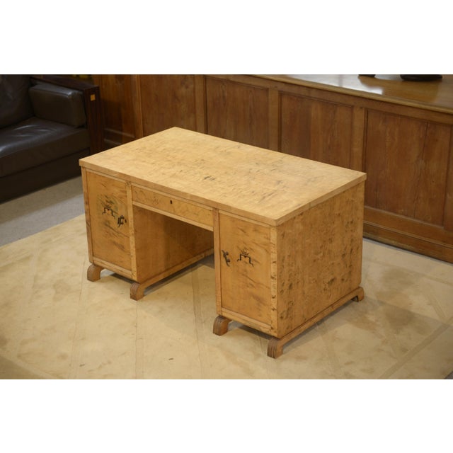English Desk in Birch Burl with Bee Motif Marquetry, 1950s For Sale - Image 6 of 14