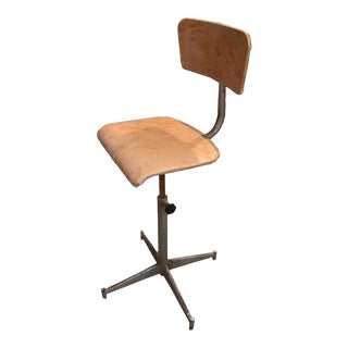 1950s French Industrial Tan Leather Adjustable Draftsman Work Stool with Back For Sale