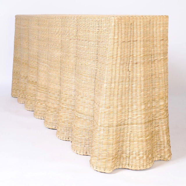 Mid-Century Modern Long Wicker Drapery Ghost Console For Sale - Image 3 of 9