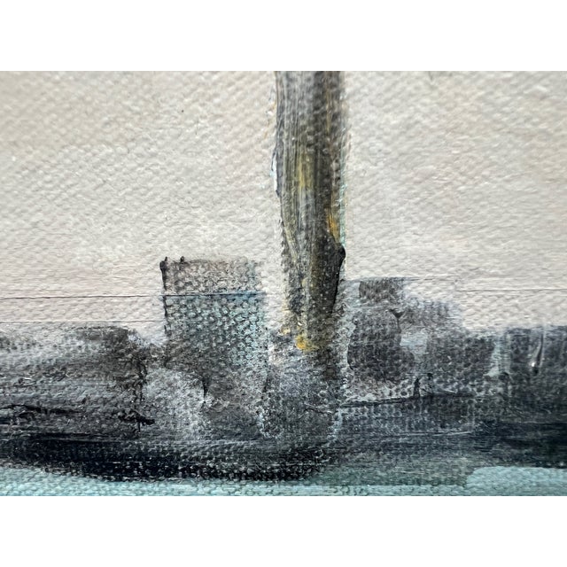Paint "Industrial Waterfront" Contemporary Cityscape Painting in Gray and Aqua by Mill Valley Artist Mary Anne McKernie For Sale - Image 7 of 10