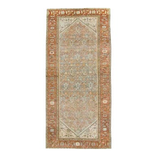 1920s Antique All Over Geometric Floral Terra Cotta & Blue Hand Knotted Wool Wide Runner Rug - 6’9” x 14’6” For Sale