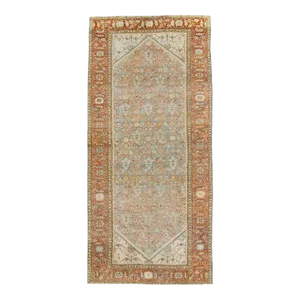 1920s Antique All Over Geometric Floral Terra Cotta & Blue Hand Knotted Wool Wide Runner Rug - 6’9” x 14’6”