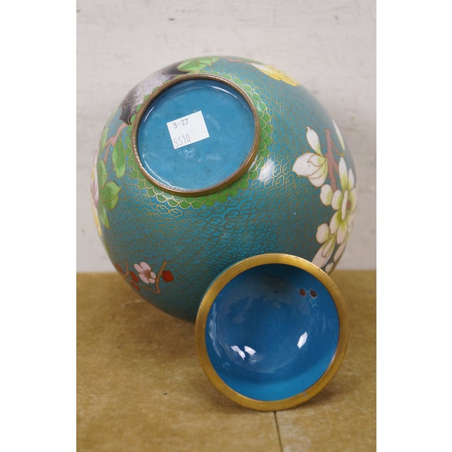 Antique Chinese Brass Cloisonne Enamel Cherry Blossom Ginger Jar Vase Urn 7" For Sale - Image 13 of 16
