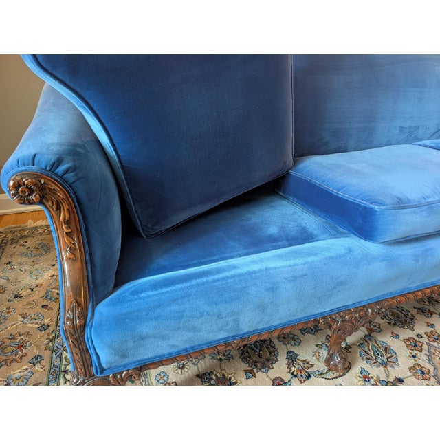 Mid 20th Century Restored Vintage Chippendale Style Camelback Sofa in Blue Velvet For Sale - Image 5 of 18