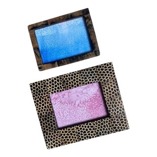 Carved Horn Picture Frames With Abstract Watercolor Paintings, Set of 2 For Sale