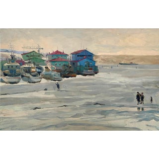 Seascape Waterscape Landscape Antique Oil Painting Original Soviet Art Ukrainian Artist Osenniy m.s. 39.5-60.5 1970s For Sale