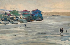 Seascape Waterscape Landscape Antique Oil Painting Original Soviet Art Ukrainian Artist Osenniy m.s. 39.5-60.5 1970s
