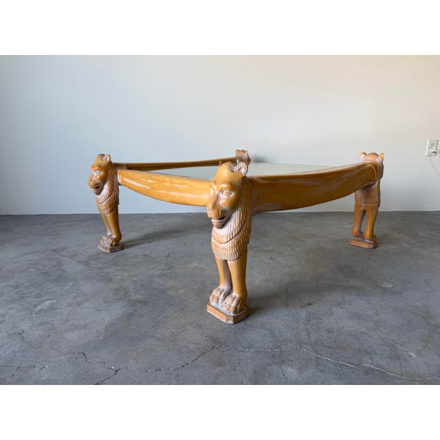 Brown Vintage Egyptian Revival Hand-Carved Wood Lion Coffee Table With Inset Glass Top For Sale - Image 8 of 12