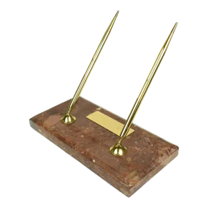 Modern Solid Marble Stone Base With Gold Color Double Pen/Pencil Stand Desk Pen Holder Set - 3 Pieces