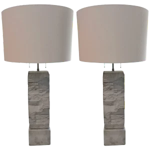 Cast Stoneware Rock Shaped Lamps Marked Ap With Shades - a Pair