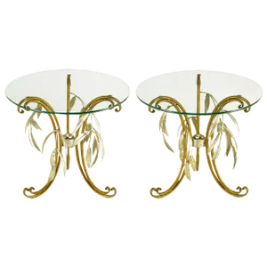 Italian Tole Metal and Silver Leaf Foliate End Tables - a Pair